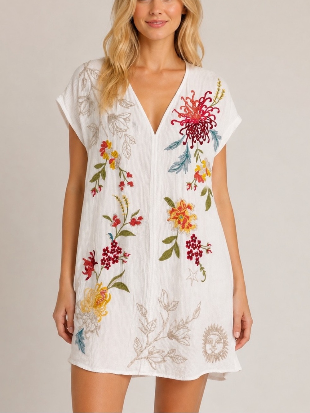 Johnny Was Workshop XL White Embroidered Floral Tunic Dress Boho 6090